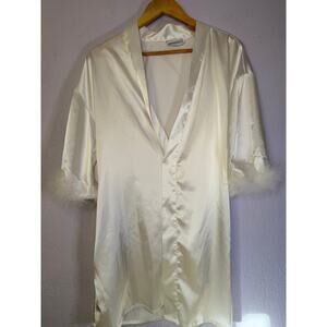 Vintage Lingerie Robe White Satin Women Feather Trim Glam Boudoir Old Hollywood